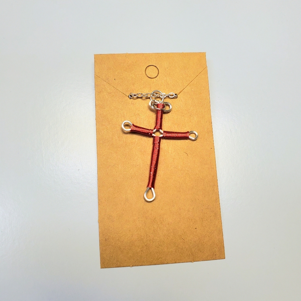 Red wire wrap cross handmade necklace